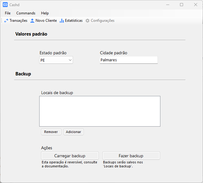Tela de Configurações do Cashd.